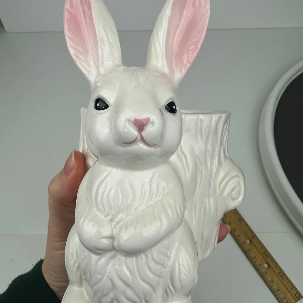 Vtg White Ceramic Porcelain Bunny Rabbit‎ Planter Tree Design Tabletop Glazed